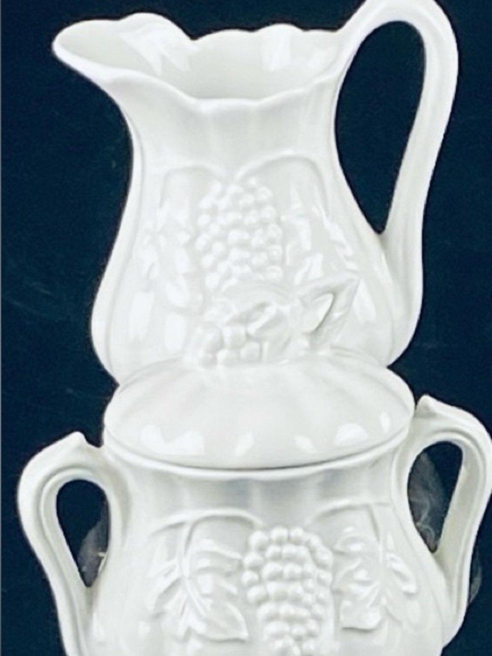 White Embossed Grape Ceramic Pitcher & Covered Sugar